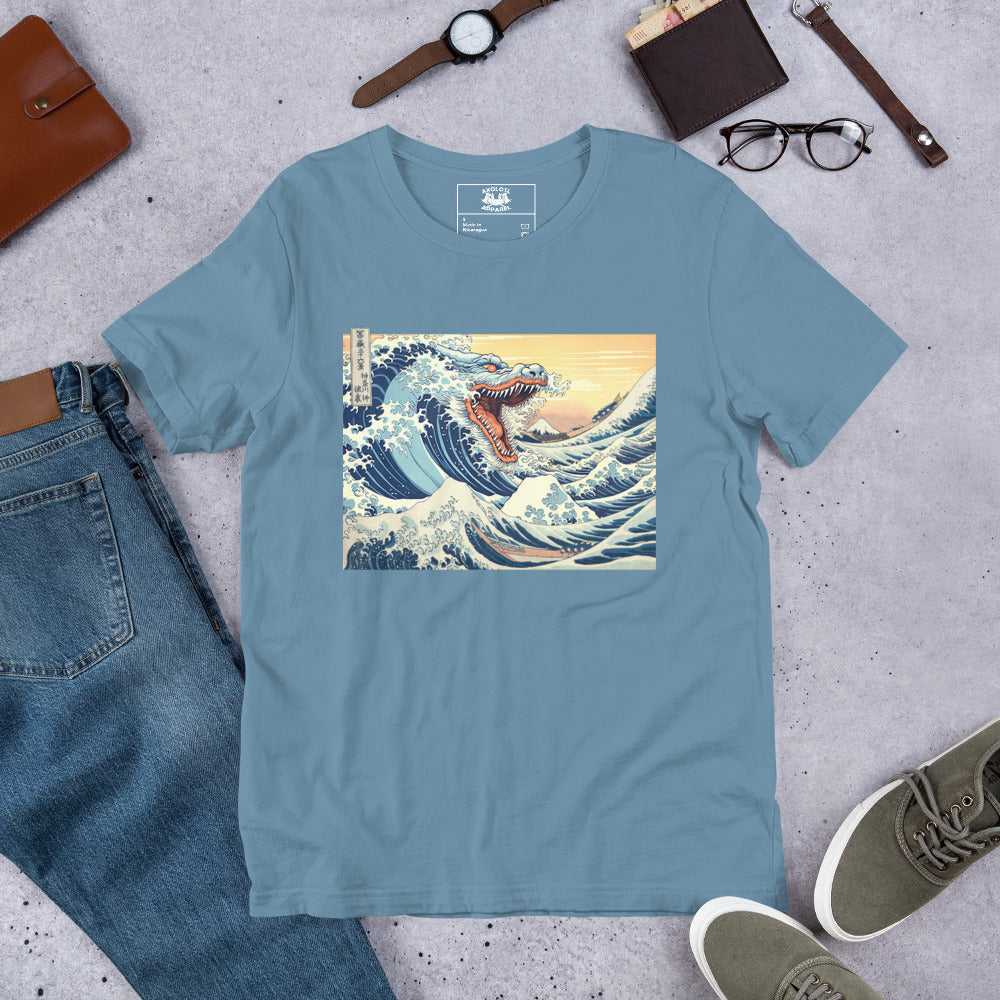 The-Great-Wave-of-Godzilla_Short-sleeve_Unisex_T-shirt_Steel-blue_Flat