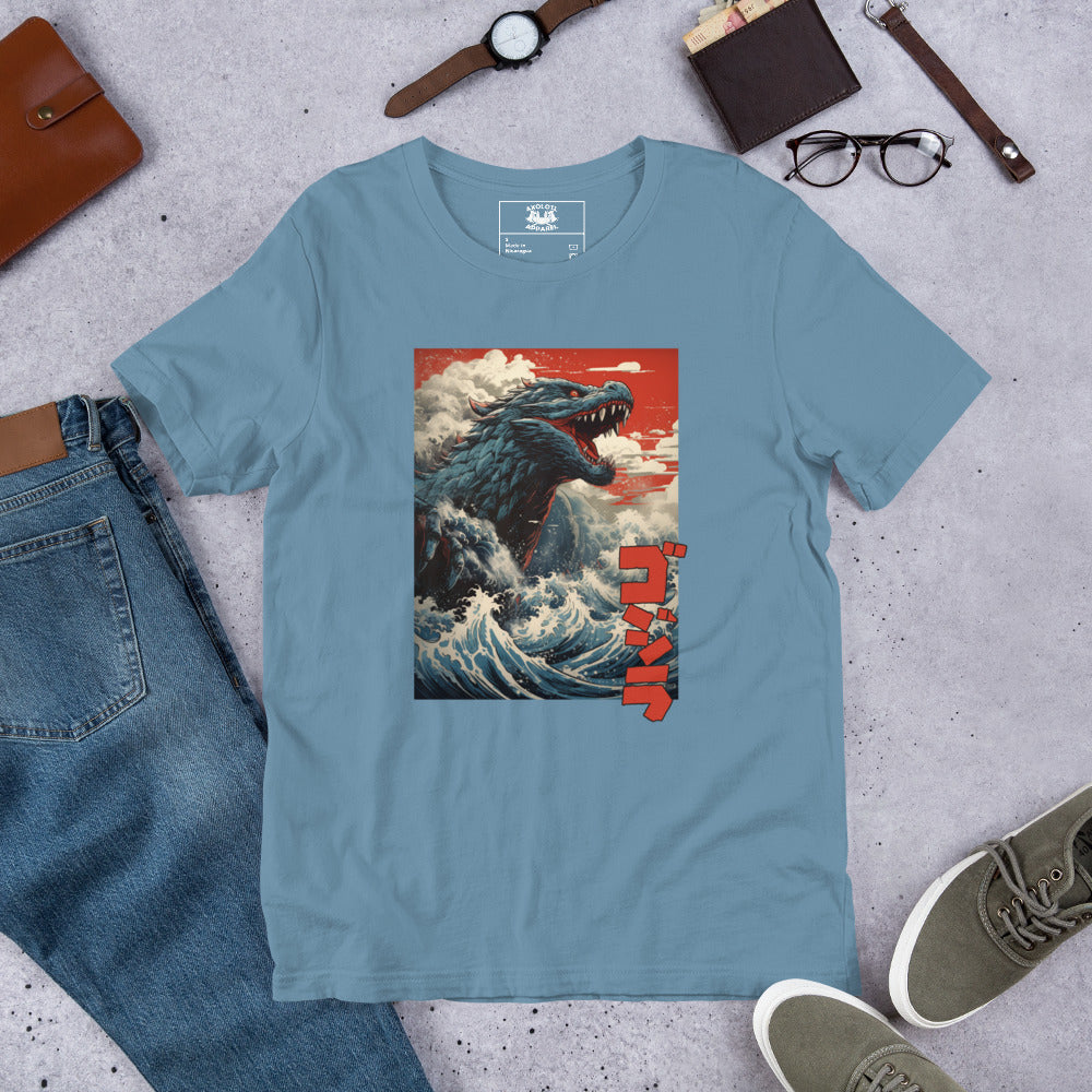 Gojira-off-Kanagawa_Shirt-sleeve_Unisex_T-shirt_Steel-blue_Flat