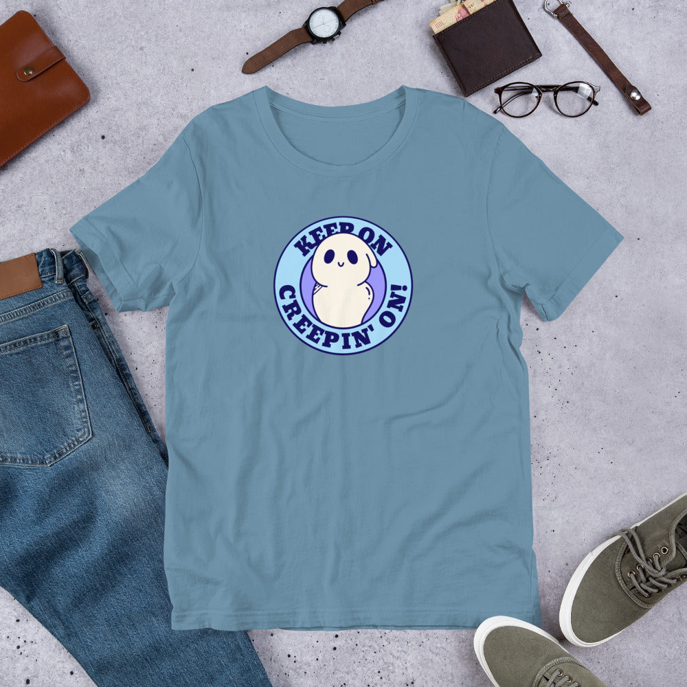 Keep On Creepin' On Short Sleeve Unisex T-shirt Blue Flat
