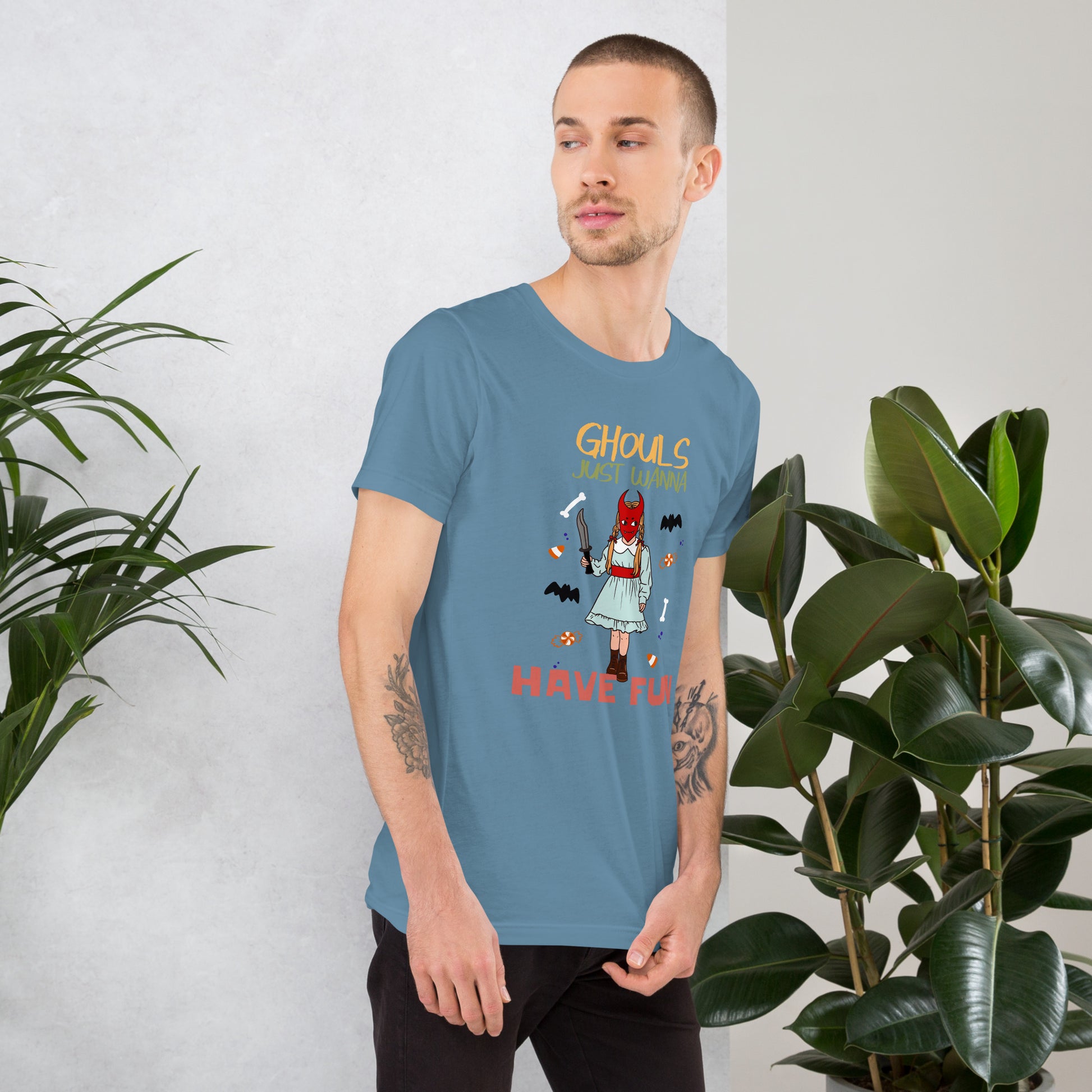 Ghouls Just Wanna Have Fun Short-sleeve Unisex T-shirt Blue Mockup