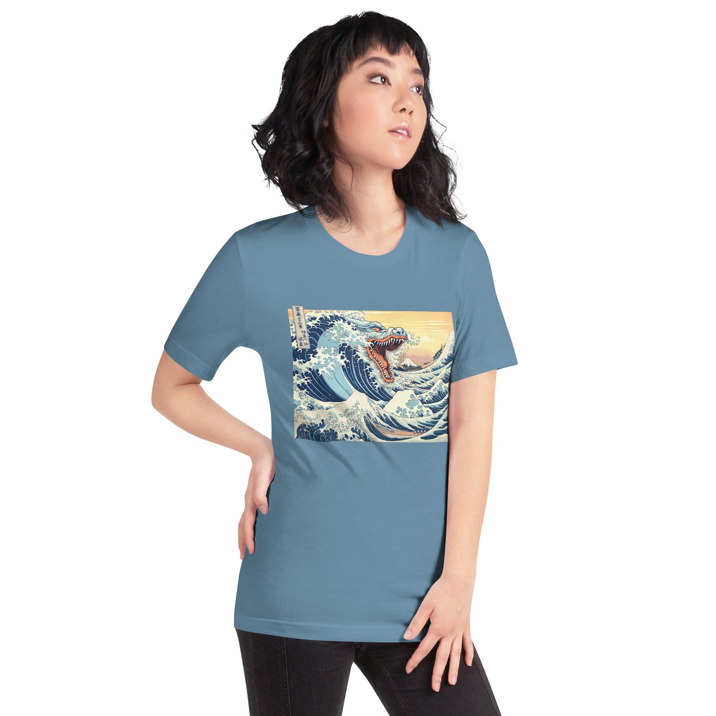 The-Great-Wave-of-Godzilla_Short-sleeve_Unisex_T-shirt_Steel-blue_Mockup