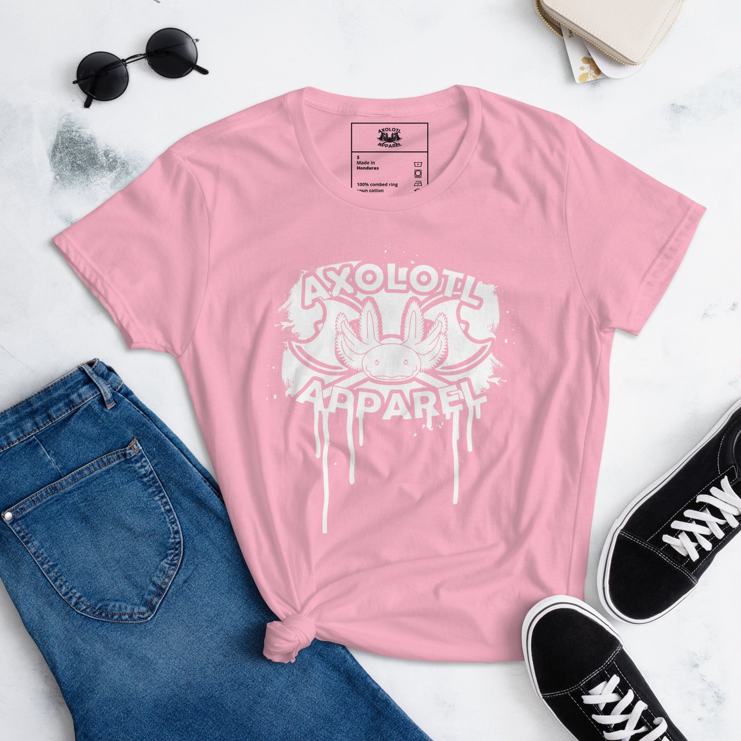 Axolotl-Apparel-Spatter-Logo_Womens_Short-sleeve_T-shirt_Pink_Flat