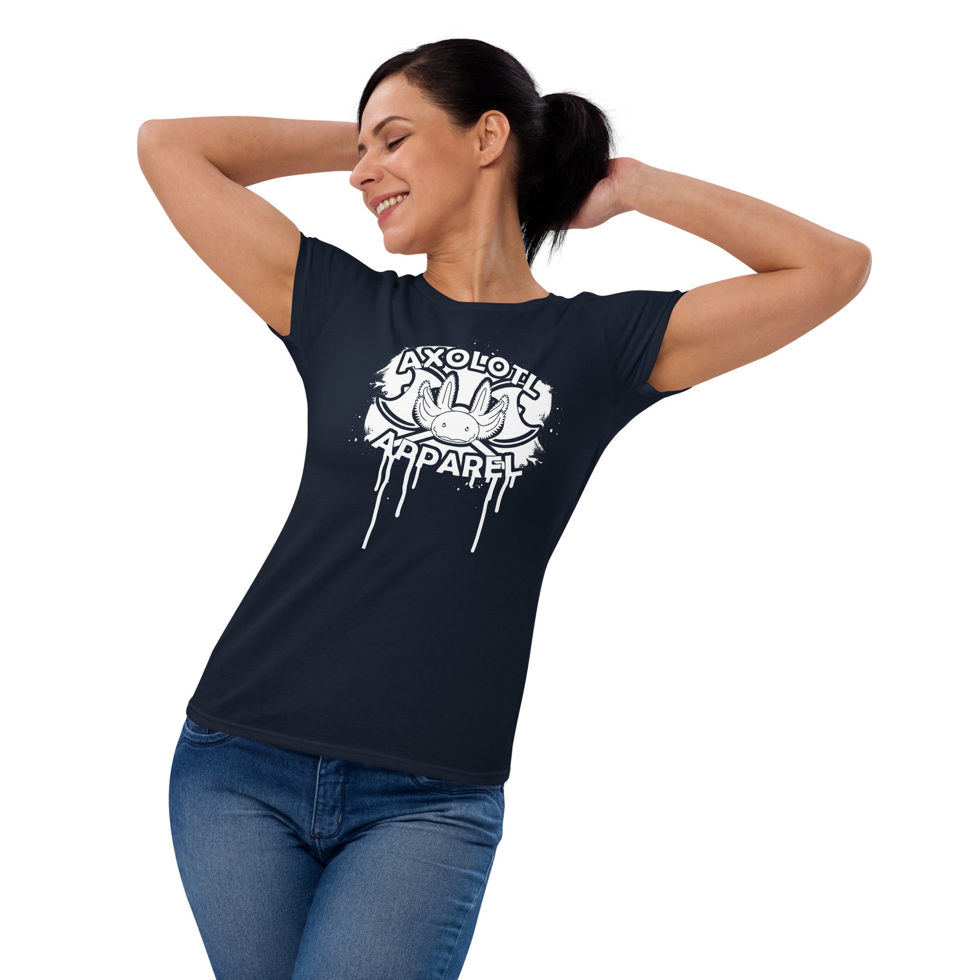 Axolotl-Apparel-Spatter-Logo_Womens_Short-sleeve_T-shirt_Navy_Mockup