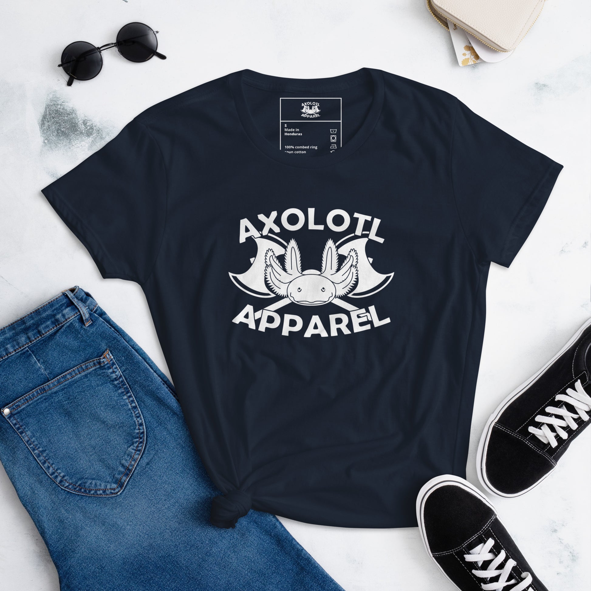 Axolotl-apparel-logo_Womens_Short-sleeve_T-shirt_Navy_Flat