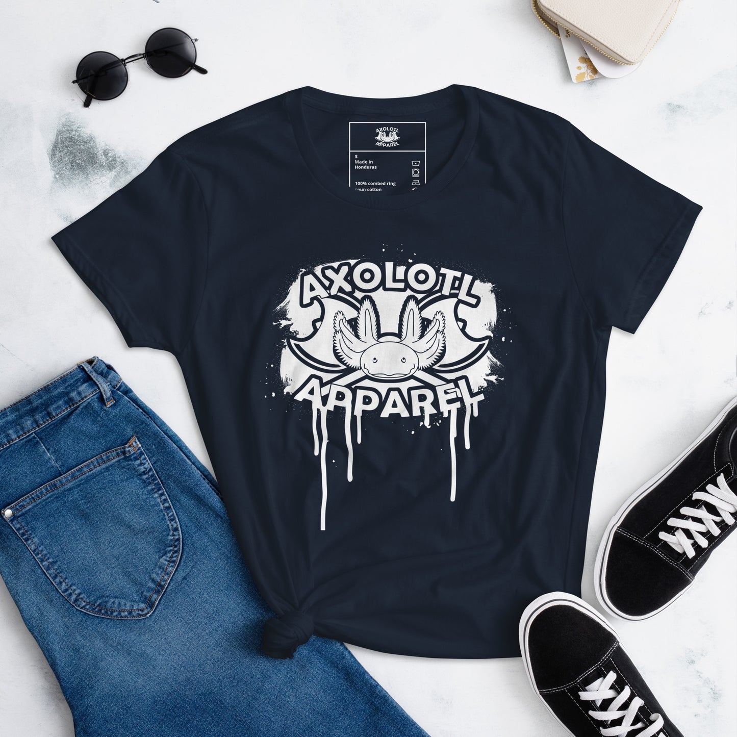 Axolotl-Apparel-Spatter-Logo_Womens_Short-sleeve_T-shirt_Navy_Flat
