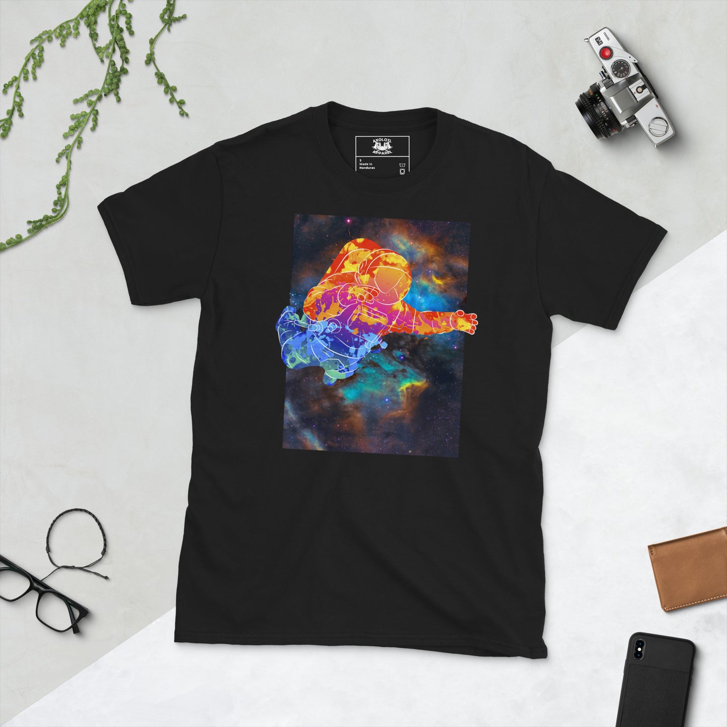 Rainbownaut Astronaut in Space Short-sleeve Unisex T-shirt Black Flat