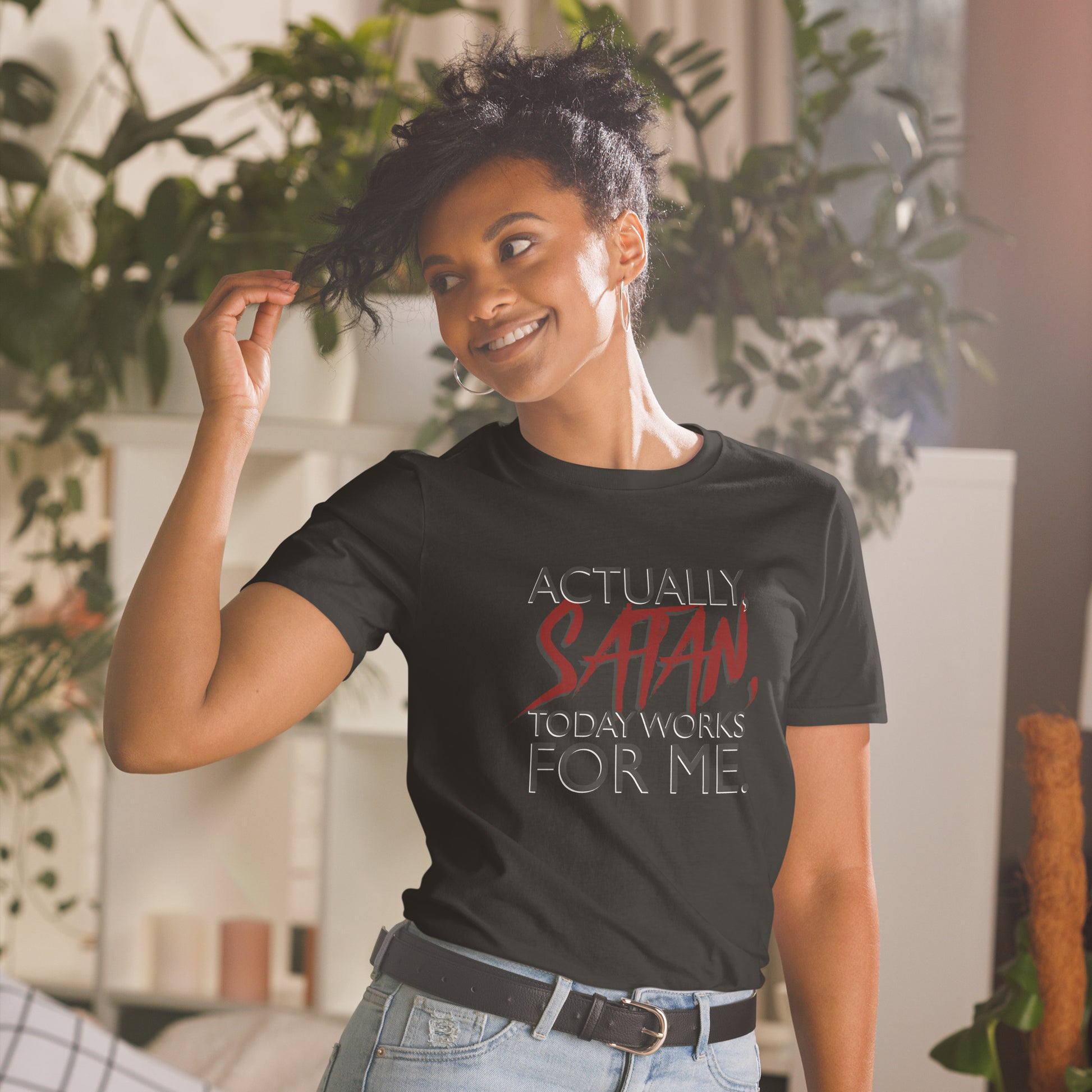 Actually Satan Today Works For Me Short-sleeve Unisex T-shirt Black Mockup