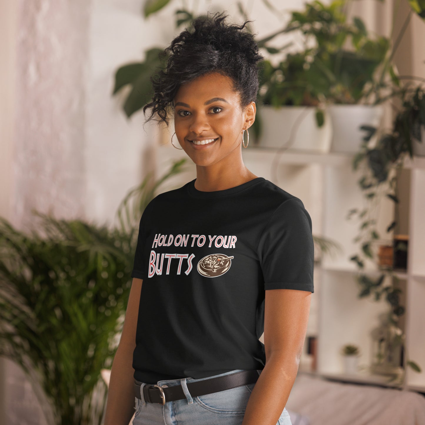 Hold on to your butts short-sleeve unisex t-shirt black mockup