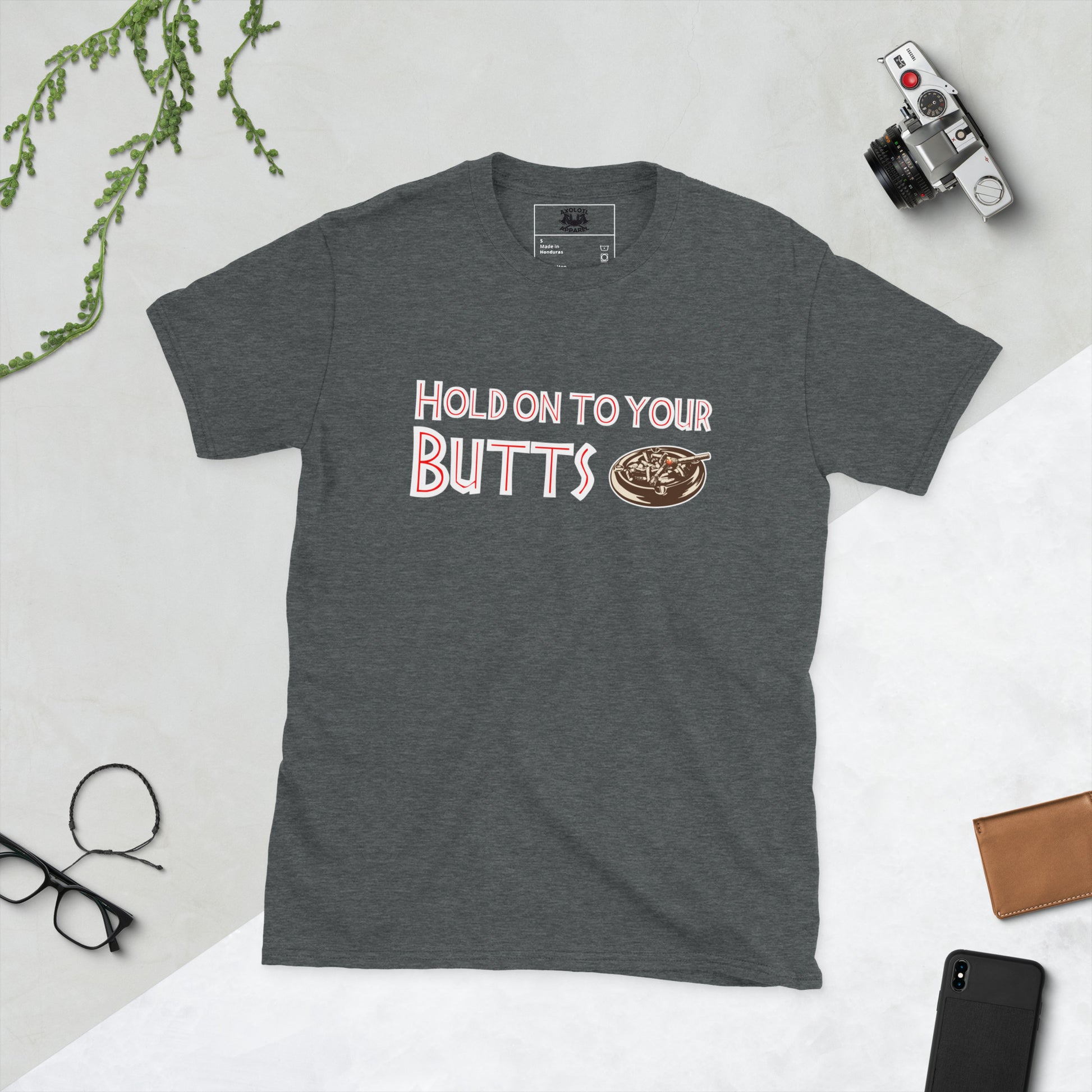 Hold on to your butts short-sleeve unisex t-shirt grey flat