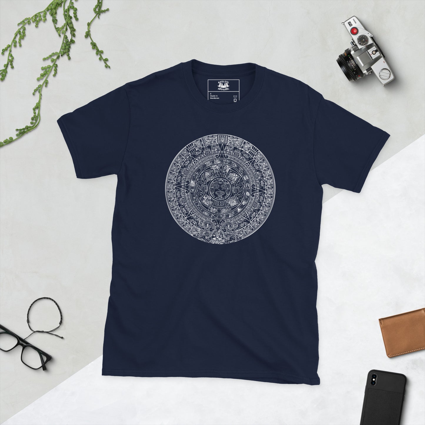 Aztec Calendar Short-sleeve Unisex T-shirt Navy Flat