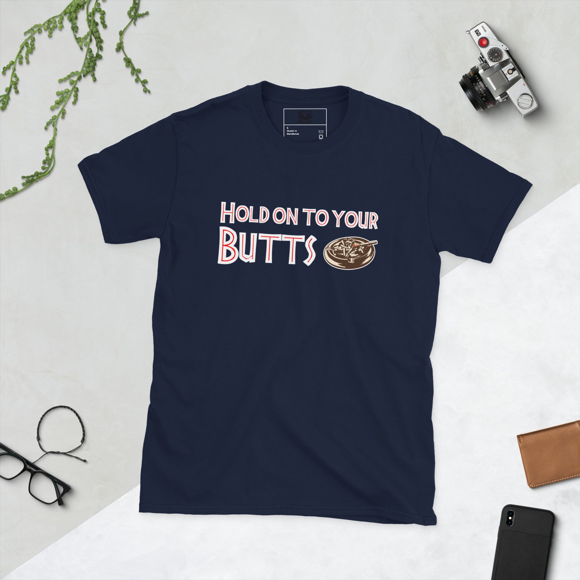 Hold on to your butts short-sleeve unisex t-shirt navy flat