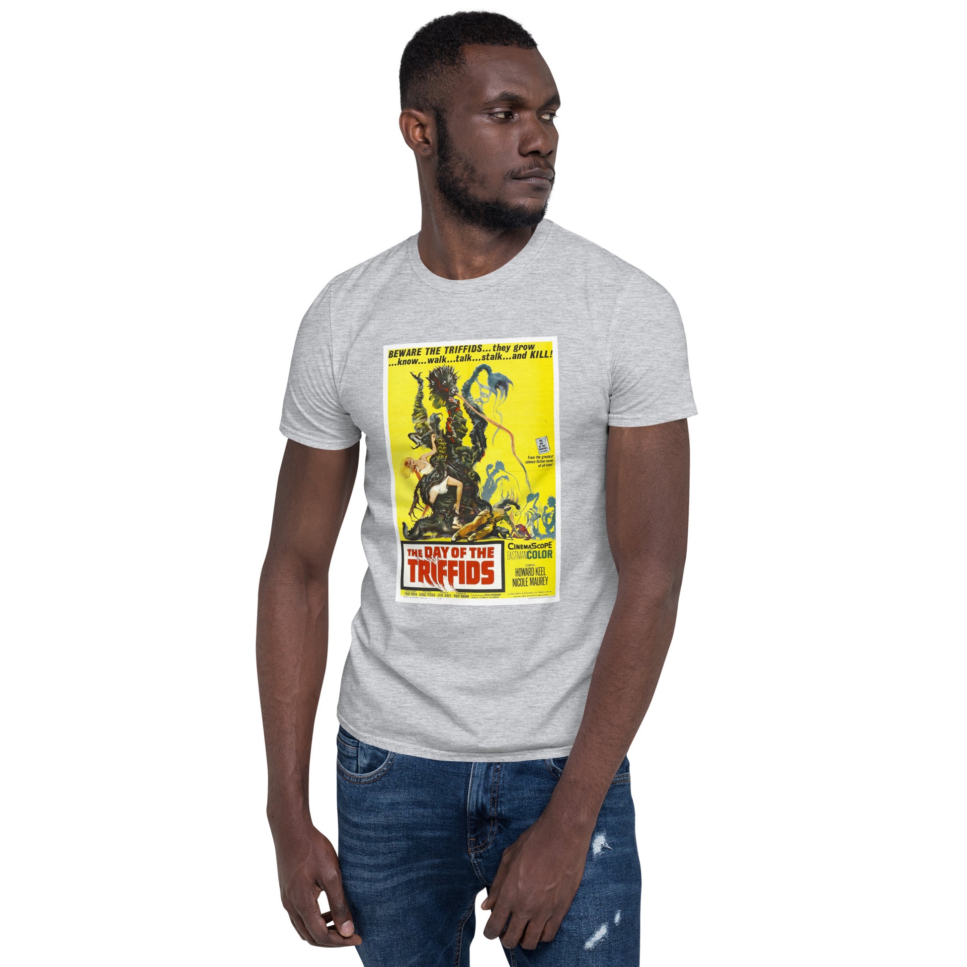 day of the triffids vintage movie poster short-sleeve unisex t-shirt heather grey mockup