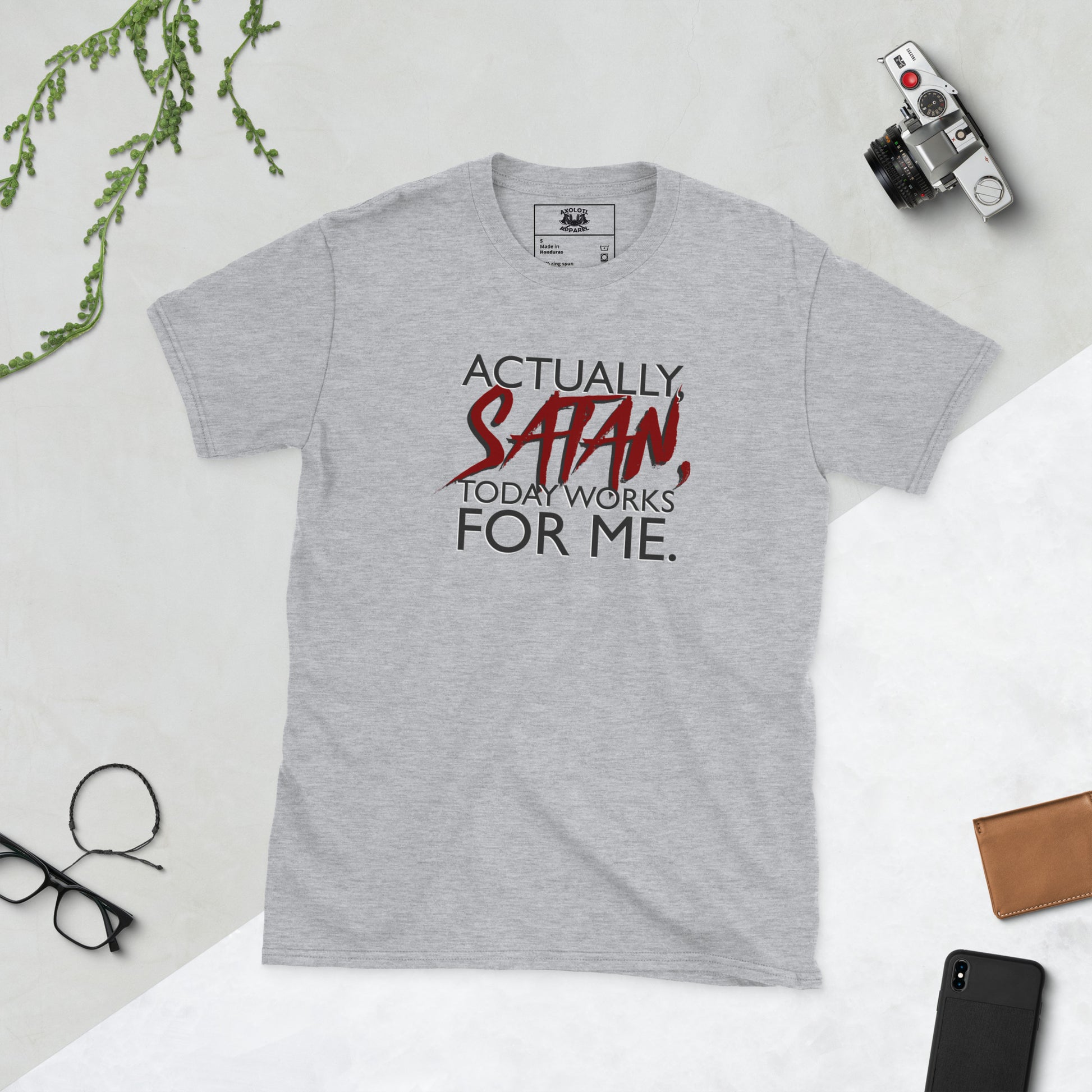 Actually Satan Today Works For Me Short-sleeve Unisex T-shirt Heather Grey Flat